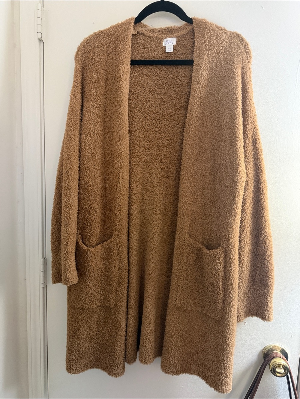 stars above Camel Bouclé Open-Front Cardigan